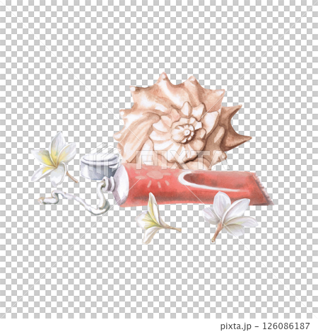 Open tube of sunscreen, shell with frangepani flowers. Isolated watercolor illustration on vacation theme for advertising design for travel agencies, creams, cosmetics. Open tube of sunscreen, shell with frangepani flowers. Isolated watercolor illustration on vacation theme for advertising design for travel agencies, creams, cosmetics. 126086187