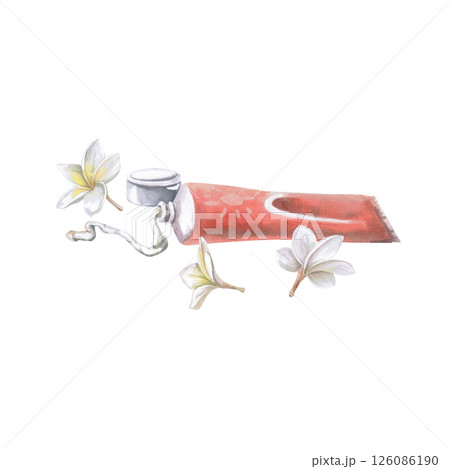 Open tube of sunscreen with frangepani flowers. Isolated watercolor illustration on vacation theme for travel agency advertising design, creams, cosmetics. 126086190