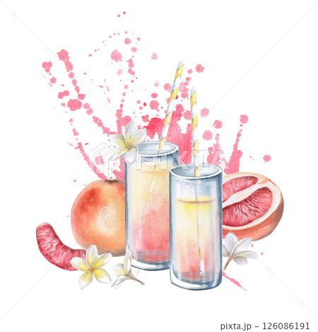 Glasses with juice, grapefruit, slice and half with biscuits on the background. Isolated watercolor illustration for restaurant menu design, interior decoration, weddings, poster printing. 126086191