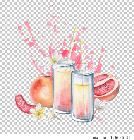 Glasses with juice, grapefruit, slice and half with biscuits on the background. Isolated watercolor illustration for restaurant menu design, interior decoration, weddings, poster printing. 126086191