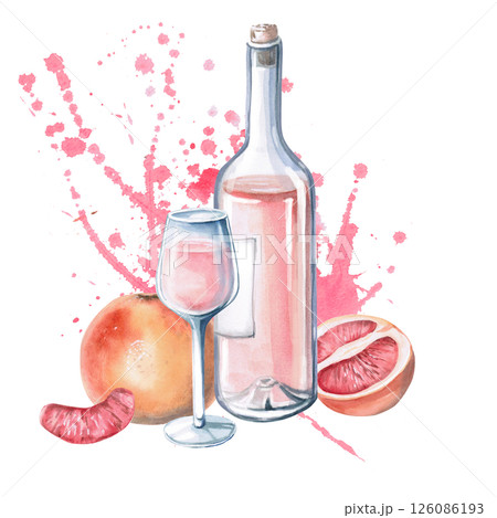 Wine bottle with glass, grapefruits and beers on background. Isolated watercolor illustration for restaurant menu design, interior decoration, weddings, poster printing. 126086193