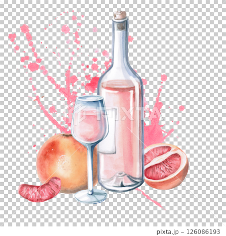 Wine bottle with glass, grapefruits and beers on background. Isolated watercolor illustration for restaurant menu design, interior decoration, weddings, poster printing. 126086193