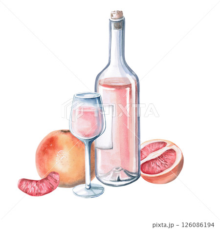 Wine bottle with glass and grapefruits. Isolated watercolor illustration for restaurant menu design, interior decoration, weddings, poster printing. 126086194