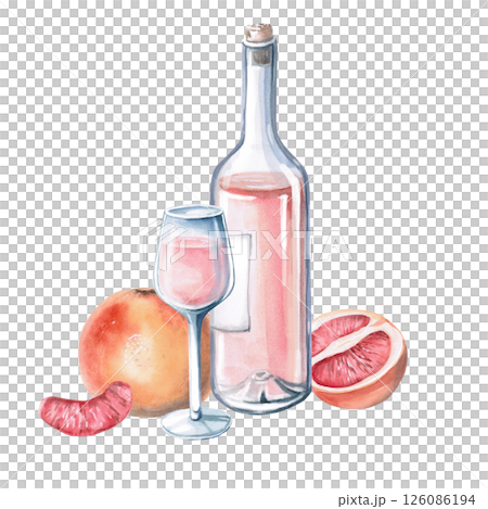 Wine bottle with glass and grapefruits. Isolated watercolor illustration for restaurant menu design, interior decoration, weddings, poster printing. 126086194