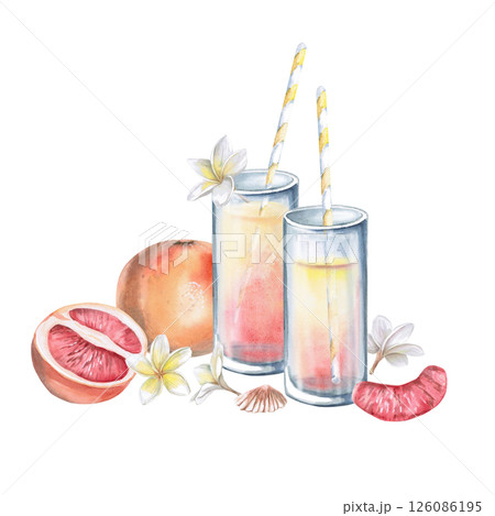 Glasses of juice, grapefruit, half of grapefruit, frangipani flowers, shells. Isolated watercolor illustration for restaurant menu design, interior decoration, weddings, poster printing. 126086195
