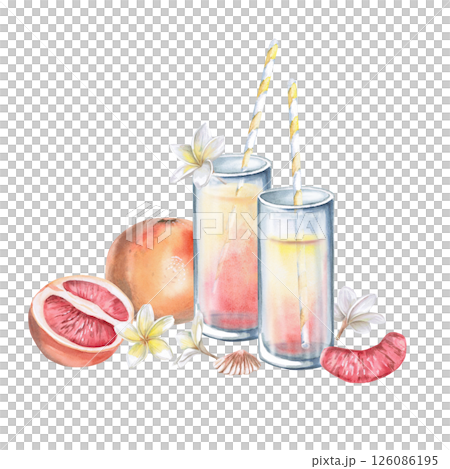 Glasses of juice, grapefruit, half of grapefruit, frangipani flowers, shells. Isolated watercolor illustration for restaurant menu design, interior decoration, weddings, poster printing. 126086195