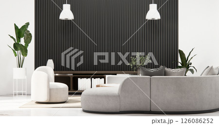 white room and black panels wall background and decor living room 3D illustration rendering 126086252