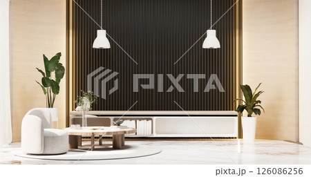 white room and black panels wall background and decor living room 3D illustration rendering 126086256