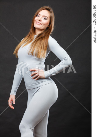 Woman wearing thermoactive underwear. Woman wearing thermoactive underwear. 126086560