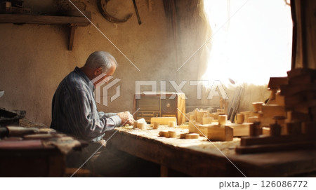 Crafting wooden toys in a rustic workshop fills the air with nostalgia and sunlight 126086772