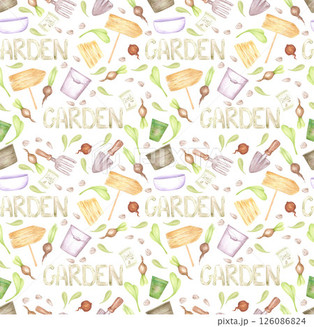 Hand drawn watercolor garden seamless pattern with pots tools and leaves isolated on white background. Can be used for textile, fabric, scrapbook and other printed products. 126086824
