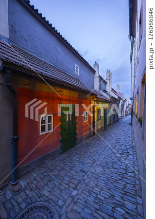 Golden Alley in Prague Castle, long row of small houses, Prague, Czech Republic Golden Alley in Prague Castle, long row of small houses, Prague, Czech Republic 126086846