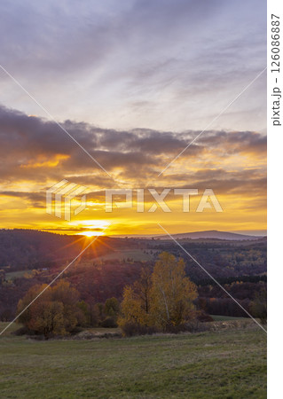 Golden sunset and colorful autumn foliage in National park Polana mountains, Slovakia 126086887