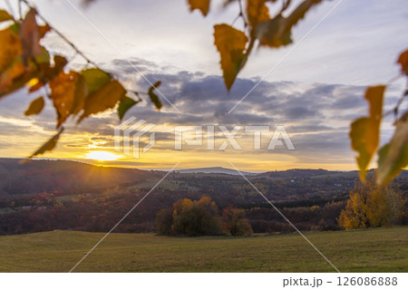 Golden sunset and colorful autumn foliage in National park Polana mountains, Slovakia 126086888