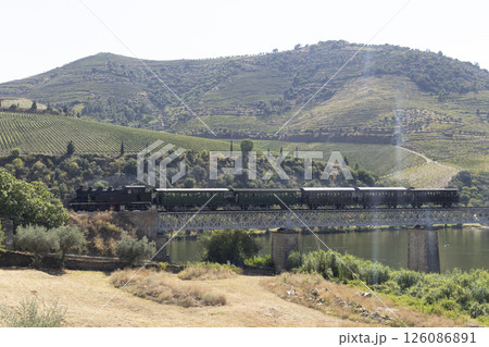 Steam train on railway bridge (Ponte Ferroviaria do Tua), Tua, Alto Douro, Portugal 126086891
