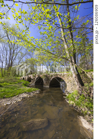 Old stone bridge crossing Doubrava river near Zasmuky in Czechia surrounded by spring greenery Old stone bridge crossing Doubrava river near Zasmuky in Czechia surrounded by spring greenery 126086909