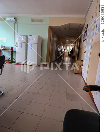 Long hospital corridors. Interior of hospital corridors. 126086955