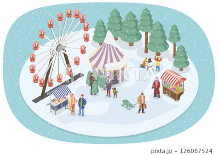 3D Isometric Flat  Illustration of Festival Market, Winter Wonderland Christmas Fest, in Amusement Park 126087524
