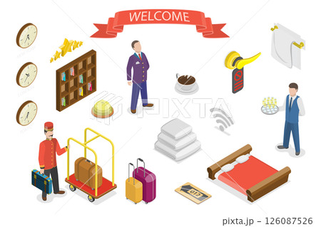 3D Isometric Flat Illustration of Welcome Hotel Service, Inn Management Set 3D Isometric Flat Illustration of Welcome Hotel Service, Inn Management Set 126087526