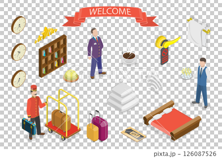 3D Isometric Flat  Illustration of Welcome Hotel Service, Inn Management Set 126087526