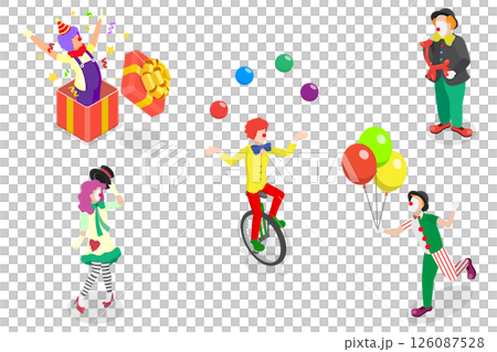3D Isometric Flat  Set of Clowns, Collection of Funny and Colorful Circus Cartoon Characters 126087528
