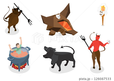 3D Isometric Flat  Set of Underworld Objects, Evil Characters and Devil Elements 126087533