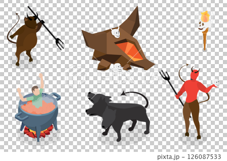 3D Isometric Flat  Set of Underworld Objects, Evil Characters and Devil Elements 126087533
