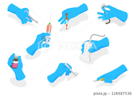 3D Isometric Flat  Set of Doctors Hands, Medical Instruments Held by Hands in Blue Sterile Gloves 126087536