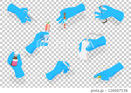 3D Isometric Flat  Set of Doctors Hands, Medical Instruments Held by Hands in Blue Sterile Gloves 126087536