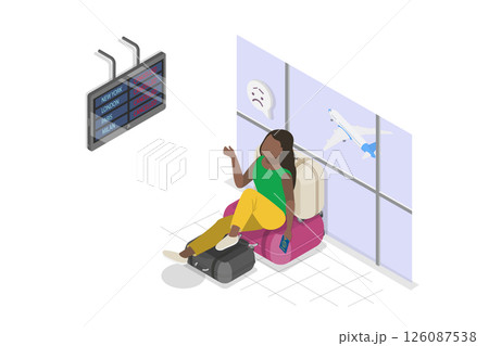 3D Isometric Flat  Illustration of Flight Cancellation, Angry Character Waits Among Luggage for Delayed Flight 126087538