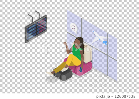 3D Isometric Flat  Illustration of Flight Cancellation, Angry Character Waits Among Luggage for Delayed Flight 126087538