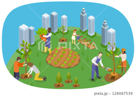 3D Isometric Flat  Illustration of Eco Volunteers , Individuals Planting Trees in Urban Park or Garden 126087539