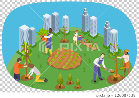 3D Isometric Flat  Illustration of Eco Volunteers , Individuals Planting Trees in Urban Park or Garden 126087539