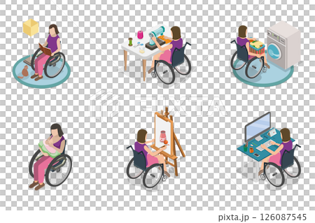 3D Isometric Flat Illustration of Disabled Character and Household Chores, Home Tasks Completion 3D Isometric Flat Illustration of Disabled Character and Household Chores, Home Tasks Completion 126087545