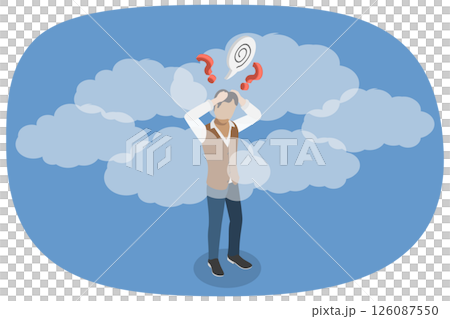 3D Isometric Flat Illustration of Clouded Mind, Depressed Young Man with Cloudy Thoughts 3D Isometric Flat Illustration of Clouded Mind, Depressed Young Man with Cloudy Thoughts 126087550