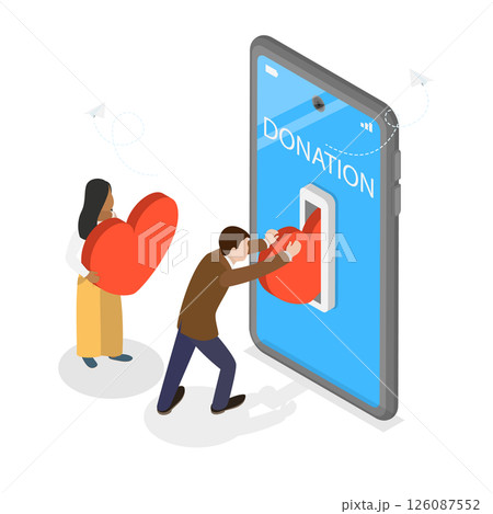 3D Isometric Flat  Illustration of Charity Donation, A Mobile Social App for Volunteer Work 126087552