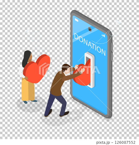 3D Isometric Flat  Illustration of Charity Donation, A Mobile Social App for Volunteer Work 126087552