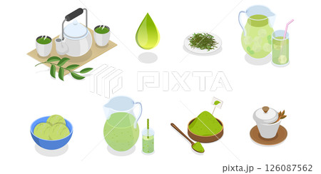 3D Isometric Flat  Illustration of Green Tea Collection, Match Beverage Product Elements 126087562