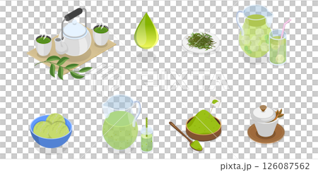 3D Isometric Flat  Illustration of Green Tea Collection, Match Beverage Product Elements 126087562