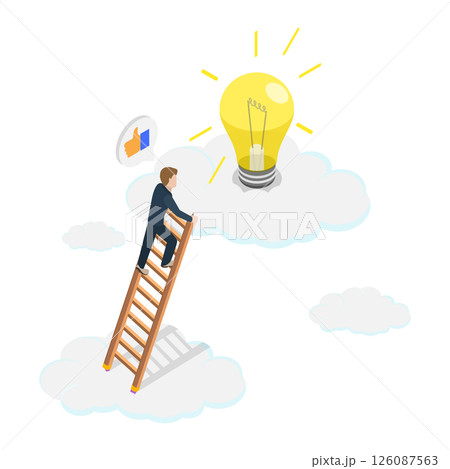 3D Isometric Flat  Illustration of Opportunity and Wisdom, Innovative Businessman Climbing Pencil Ladder to Find Lightbulb Idea in the Clouds 126087563