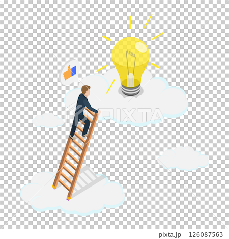 3D Isometric Flat  Illustration of Opportunity and Wisdom, Innovative Businessman Climbing Pencil Ladder to Find Lightbulb Idea in the Clouds 126087563