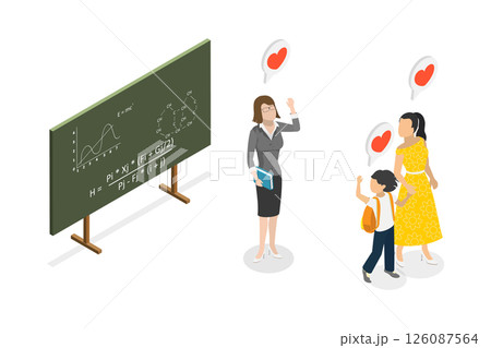 3D Isometric Flat Illustration of Junior School Class, Picking up a Kid From School at the End of the Day 3D Isometric Flat Illustration of Junior School Class, Picking up a Kid From School at the End of the Day 126087564