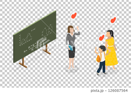 3D Isometric Flat  Illustration of Junior School Class, Picking up a Kid From School at the End of the Day 126087564