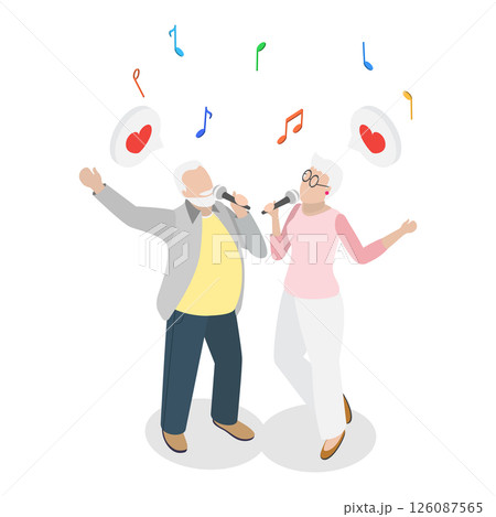3D Isometric Flat  Illustration of Senior Caraoke, Elderly People Performing a Musical Duet 126087565