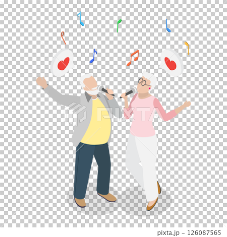 3D Isometric Flat  Illustration of Senior Caraoke, Elderly People Performing a Musical Duet 126087565