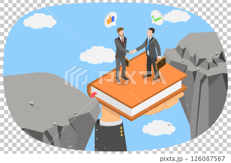 3D Isometric Flat  Illustration of Overcoming Disagreements, Businessmen in a Handshake Resolving Disputes and Reaching a Consensus 126087567