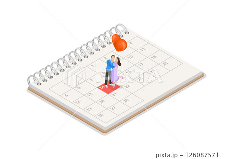 3D Isometric Flat  Illustration of Schedule Of Events, Miniature Couple With Heart Shape on Calendar 126087571