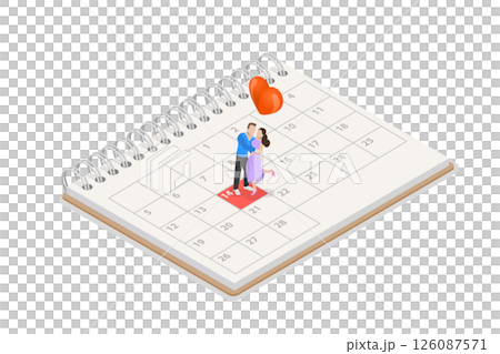 3D Isometric Flat  Illustration of Schedule Of Events, Miniature Couple With Heart Shape on Calendar 126087571