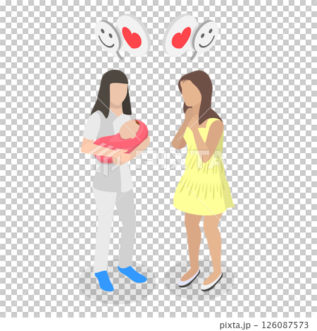 3D Isometric Flat Illustration of Happy Motherhood, Happy Mother Watches Nurse Hold Newborn Baby for the First Time 3D Isometric Flat Illustration of Happy Motherhood, Happy Mother Watches Nurse Hold Newborn Baby for the First Time 126087573