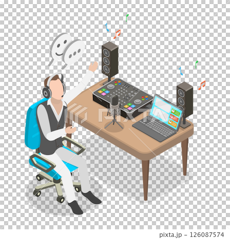 3D Isometric Flat Illustration of Live Broadcast , Man in Headphones Smiling as he Talks on the Radio with Microphone Interacting with Listeners 3D Isometric Flat Illustration of Live Broadcast , Man in Headphones Smiling as he Talks on the Radio with Microphone Interacting with Listeners 126087574